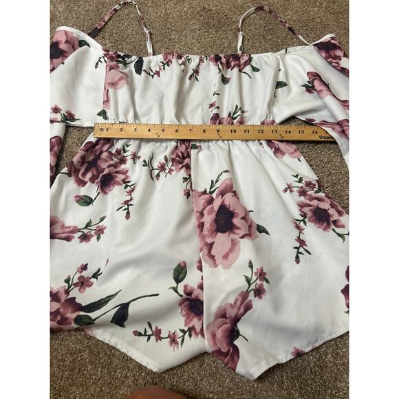 Floral romper white pink back self tie elastic waist lightweight SZ 1XL Summer - Picture 3 of 7